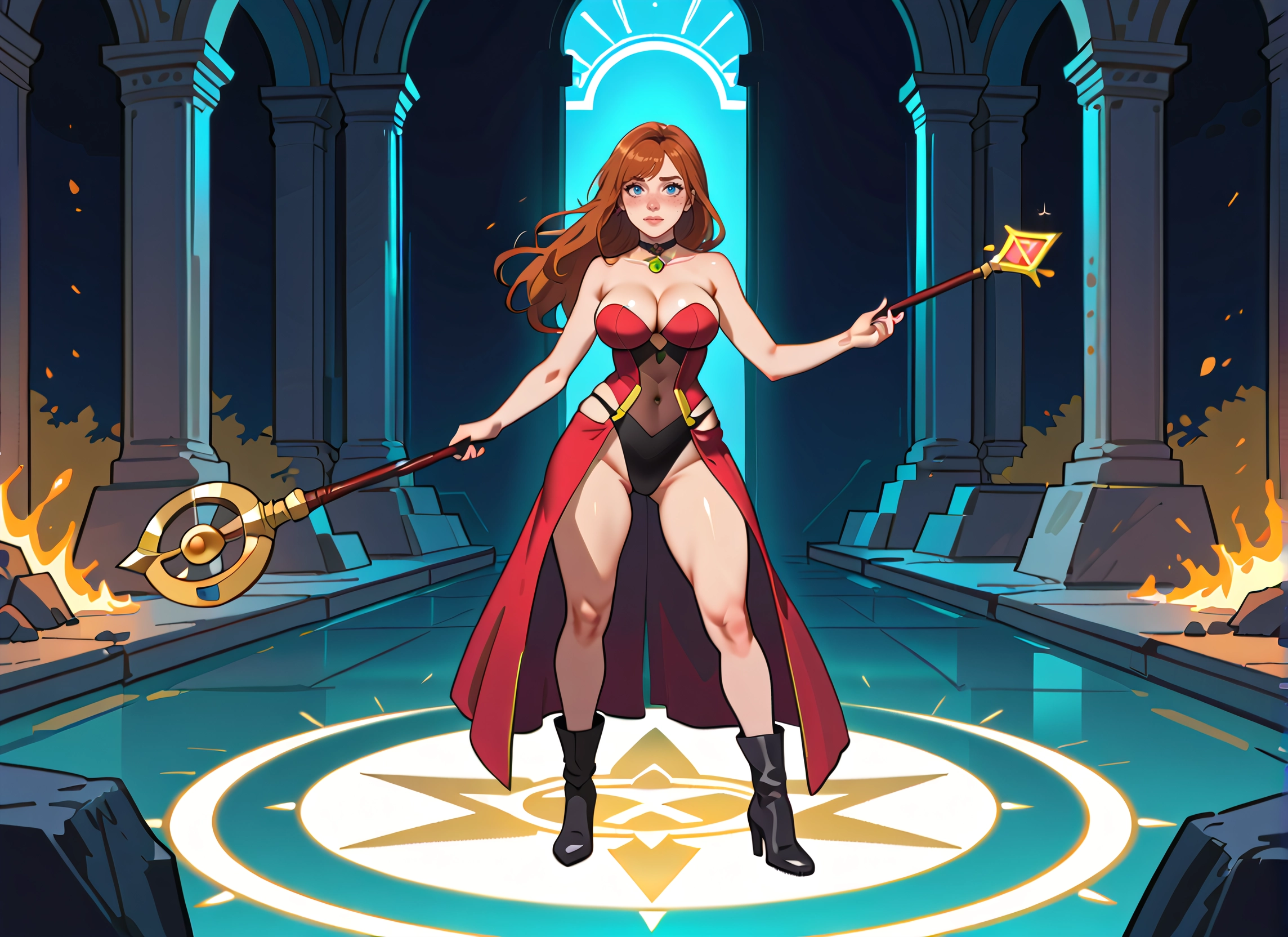 1girl, breasts, blue eyes, long hair, solo, staff · Yamete.gg