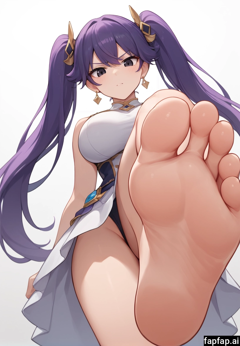 1girl, foot focus, solo, breasts, barefoot, twintails