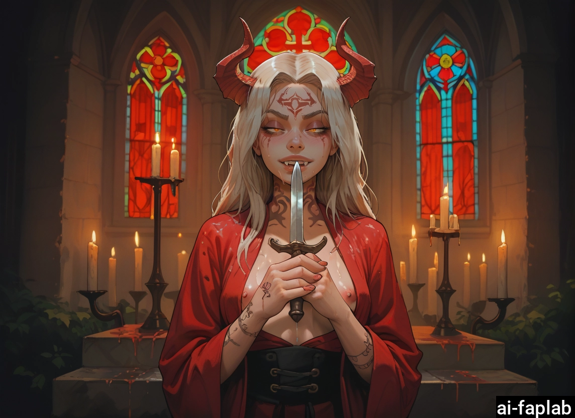 1girl, horns, candle, knife, nipples, solo · Yamete.gg