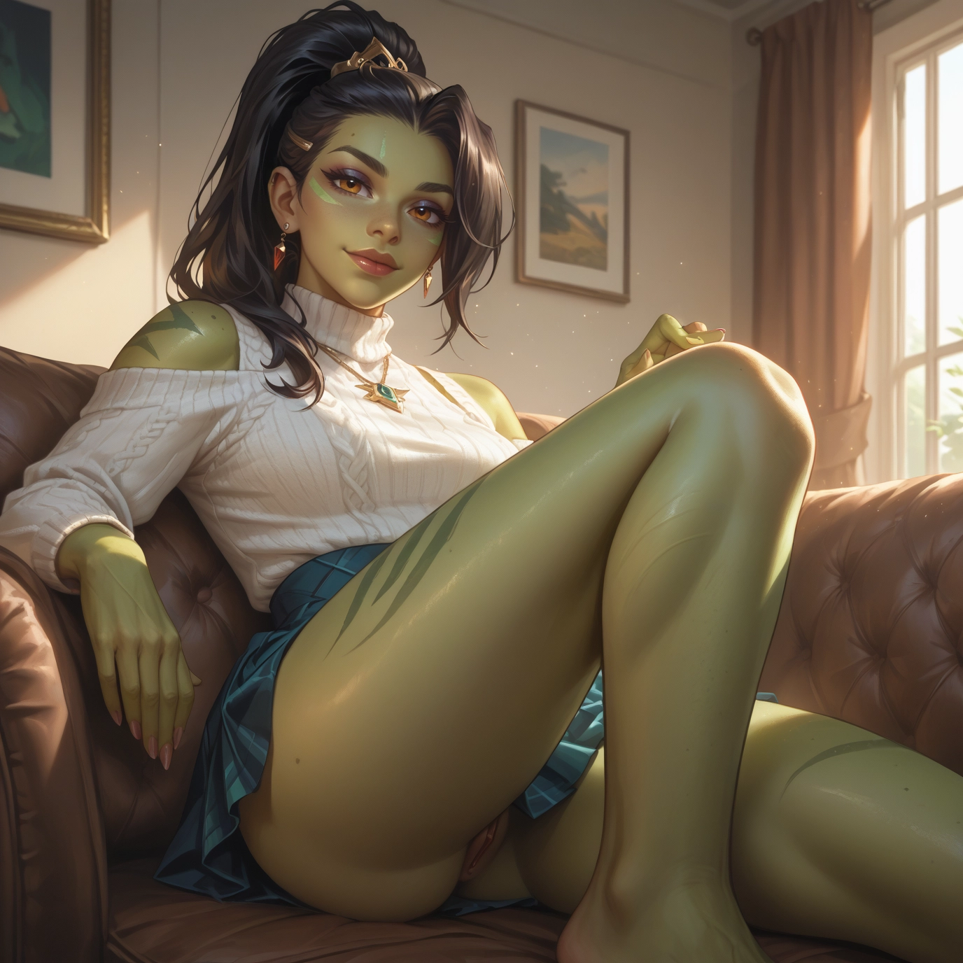 1girl, solo, skirt, pussy, jewelry, colored skin · Yamete.gg