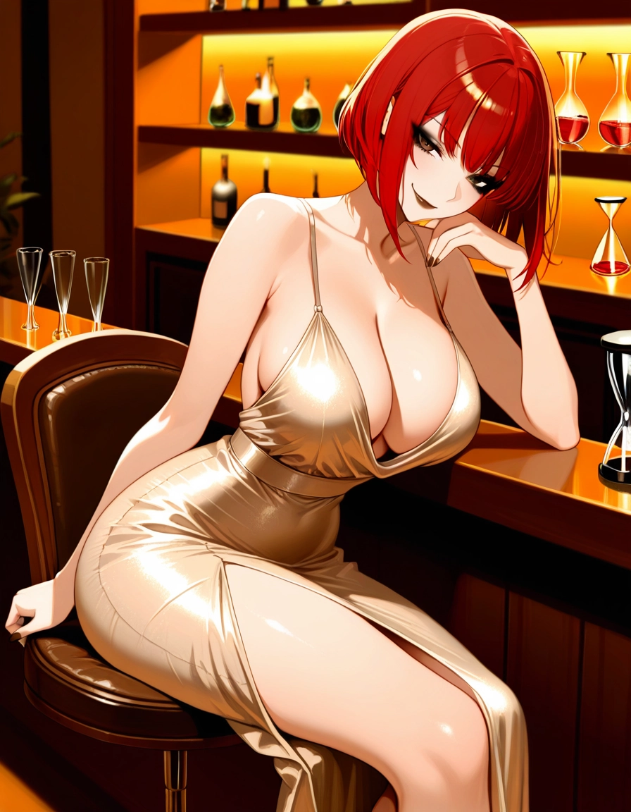 1girl, breasts, dress, red hair, solo, sitting · Yamete.gg