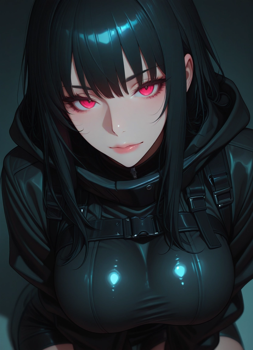 1girl, solo, breasts, looking at viewer, black hair, hood