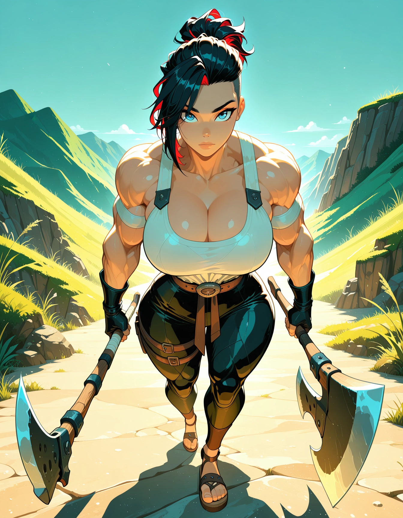1girl, breasts, muscular female, axe, holding axe, solo · Yamete.gg