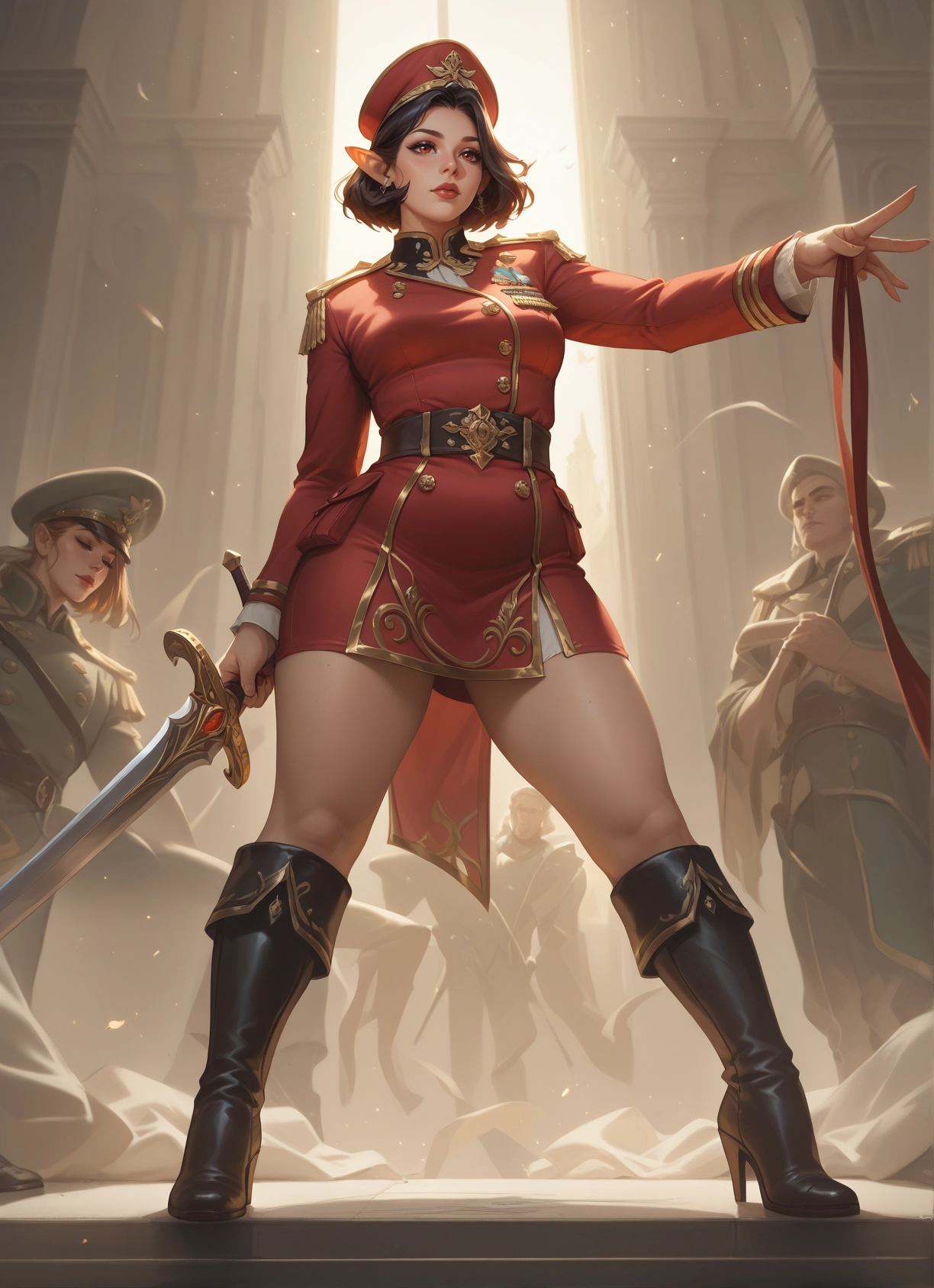 weapon, sword, boots, pointy ears, hat, uniform · Yamete.gg