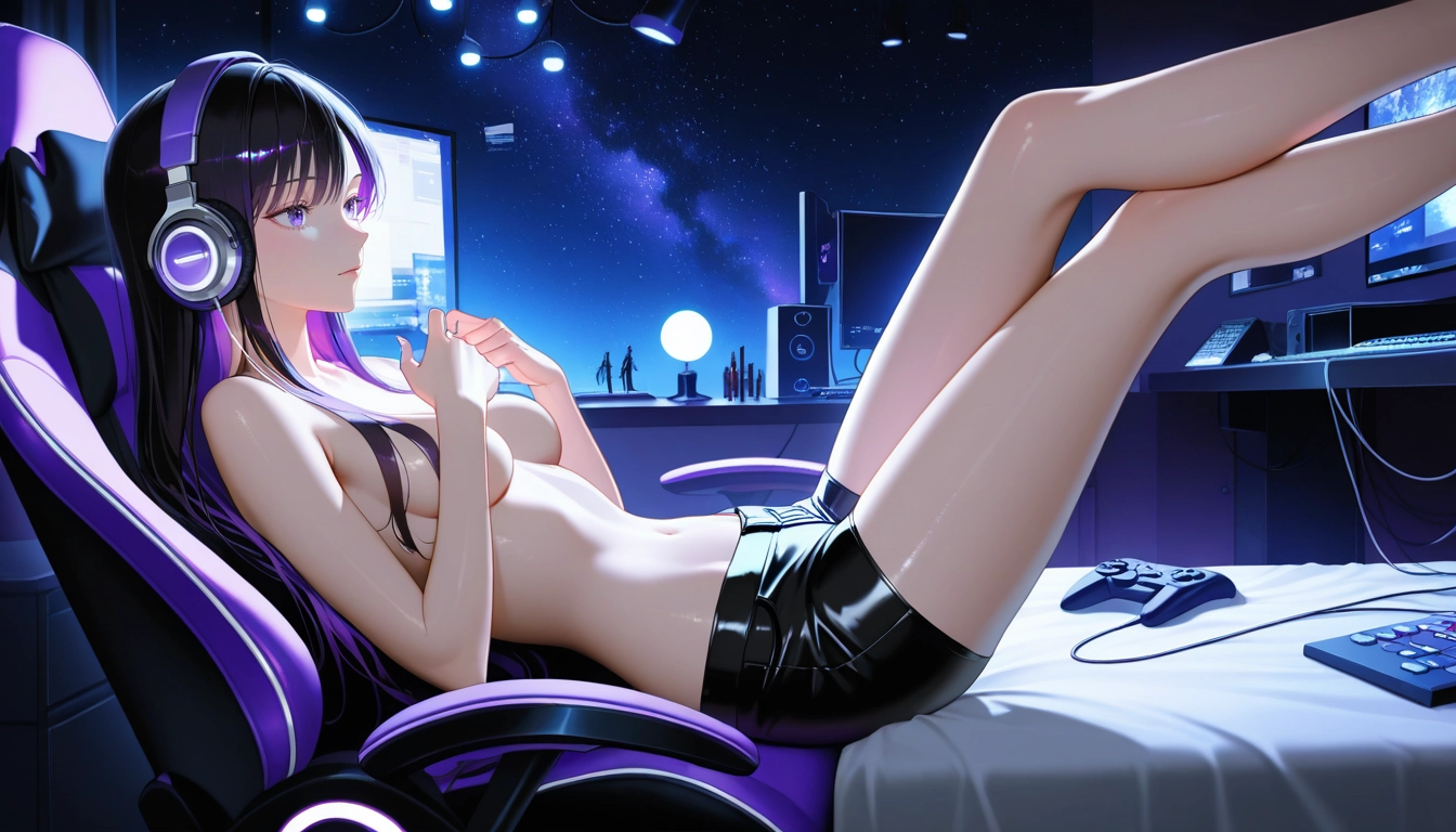 1girl, headphones, breasts, shorts, purple eyes, long hair · Yamete.gg
