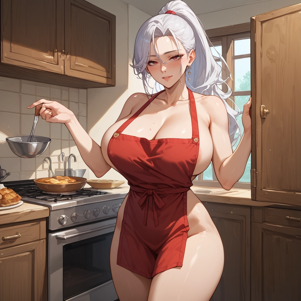 breasts, 1girl, apron, naked apron, jewelry, long hair · Yamete.gg