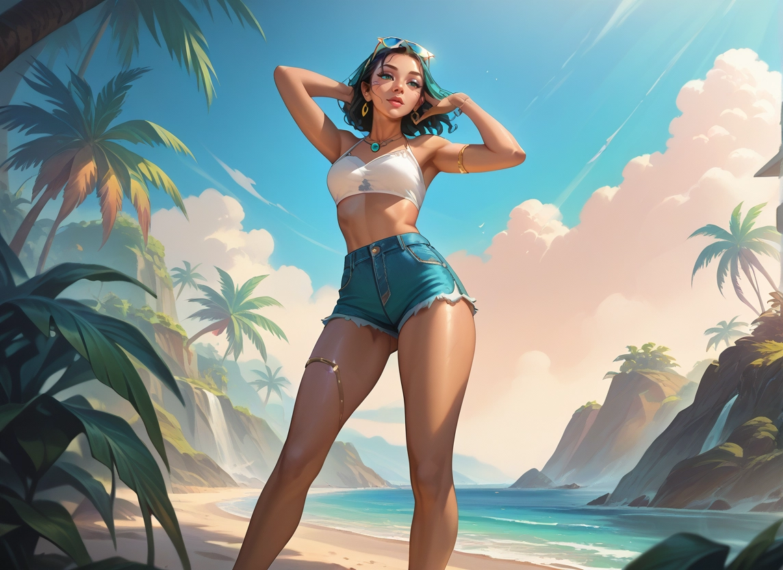 1girl, solo, shorts, jewelry, beach, eyewear on head · Yamete.gg