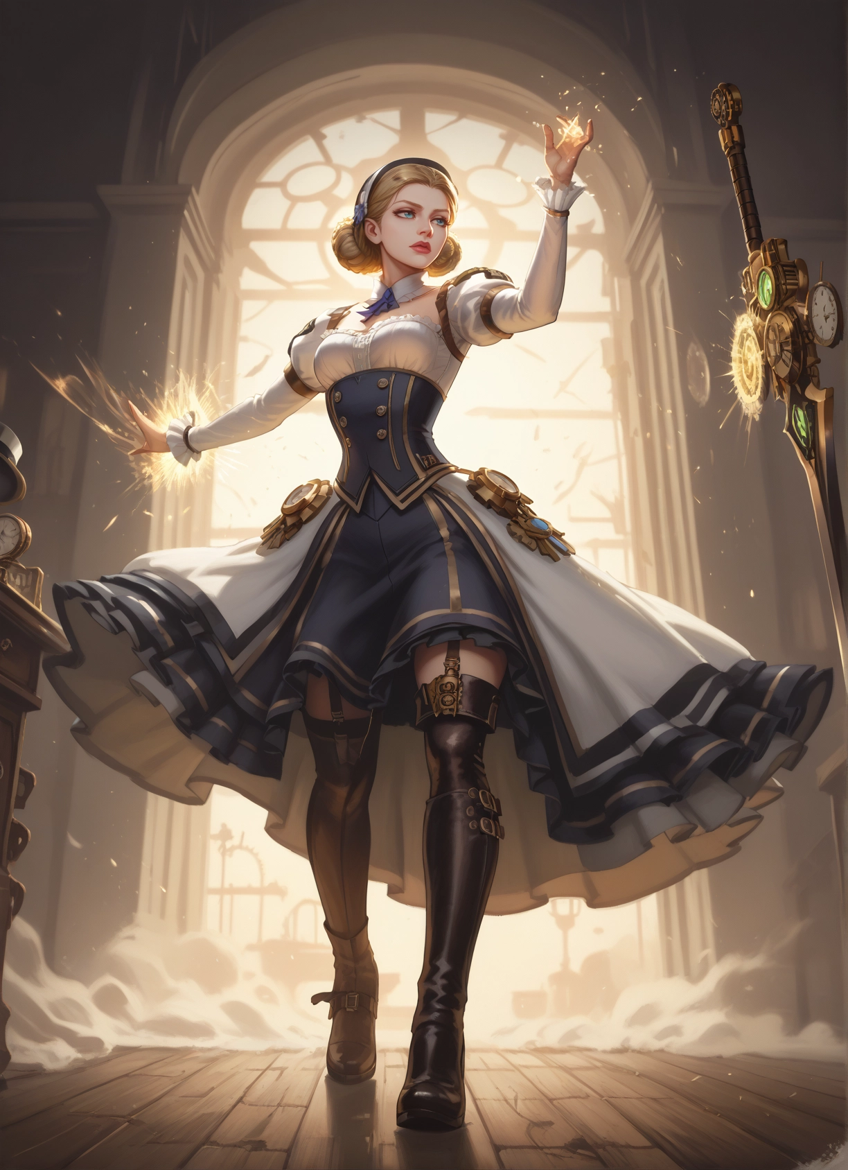 1girl, weapon, blonde hair, thighhighs, sword, solo · Yamete.gg