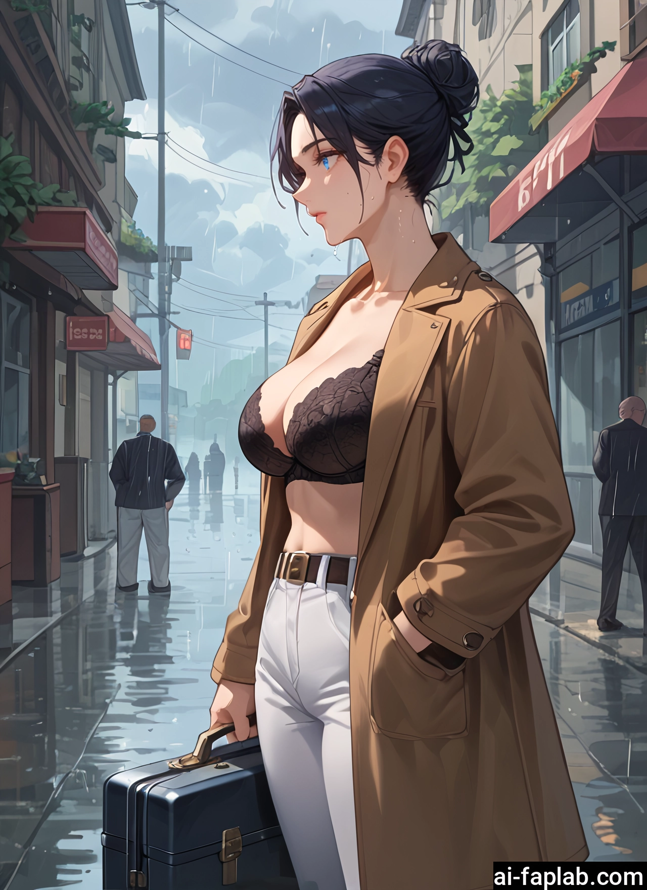 breasts, underwear, bra, blue eyes, pants, rain