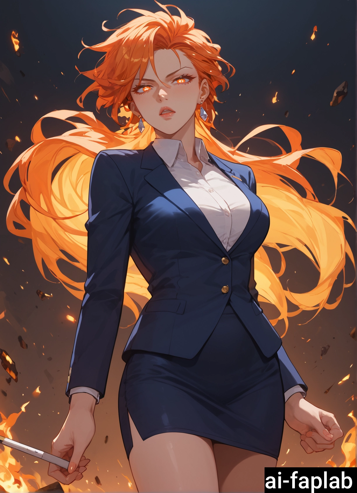 1girl, skirt, jewelry, orange hair, earrings, solo