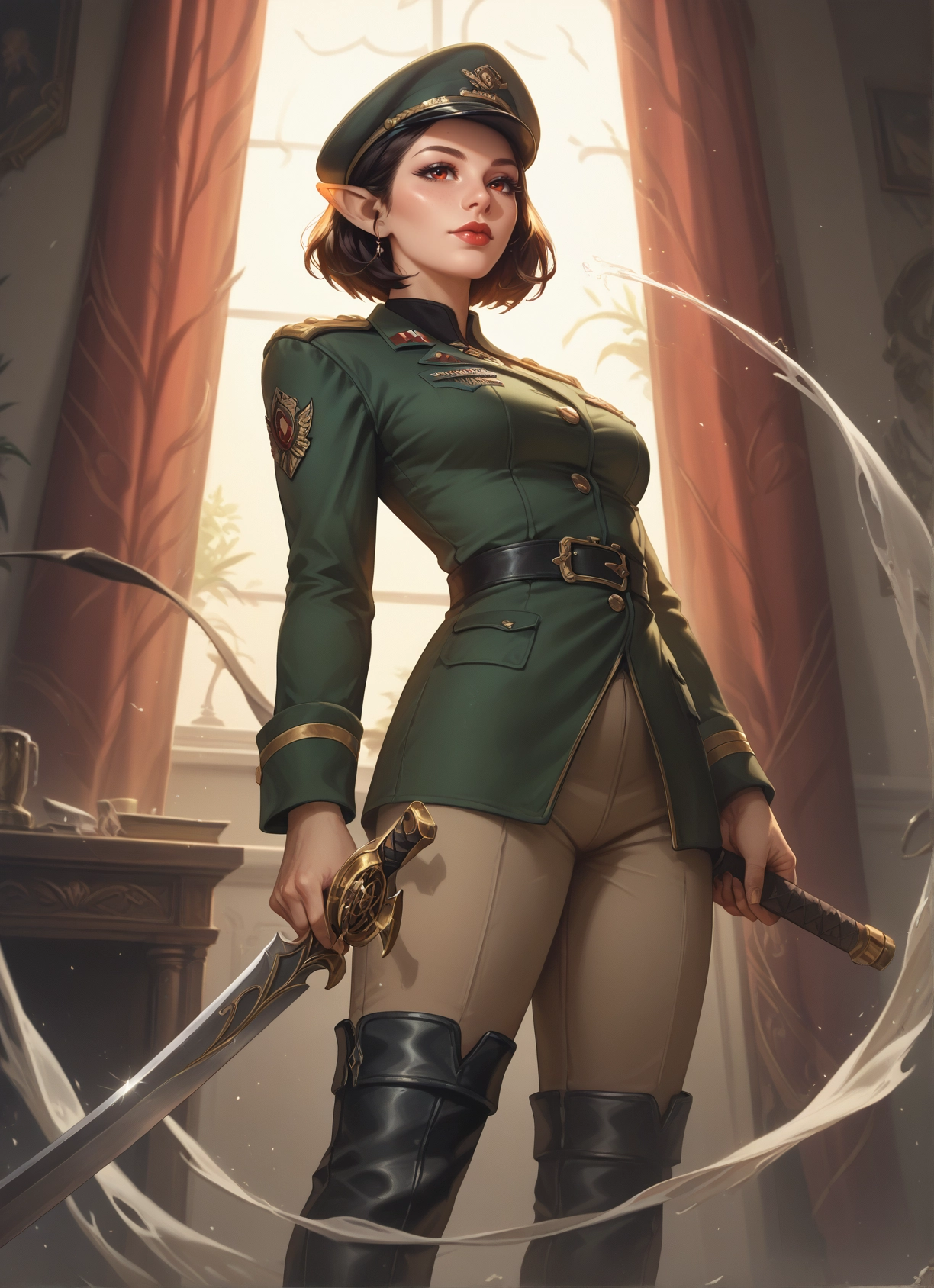 1girl, weapon, sword, solo, pointy ears, hat · Yamete.gg