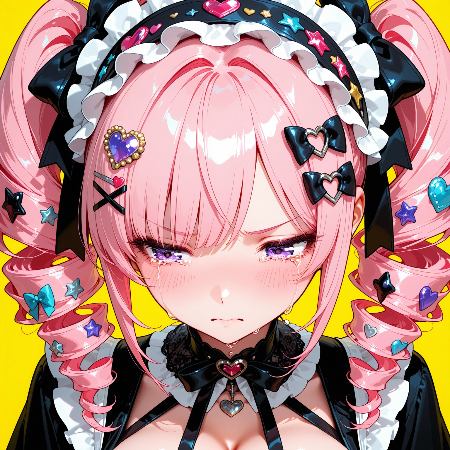 1girl, pink hair, solo, hair ornament, drill hair, yellow background · Yamete.gg