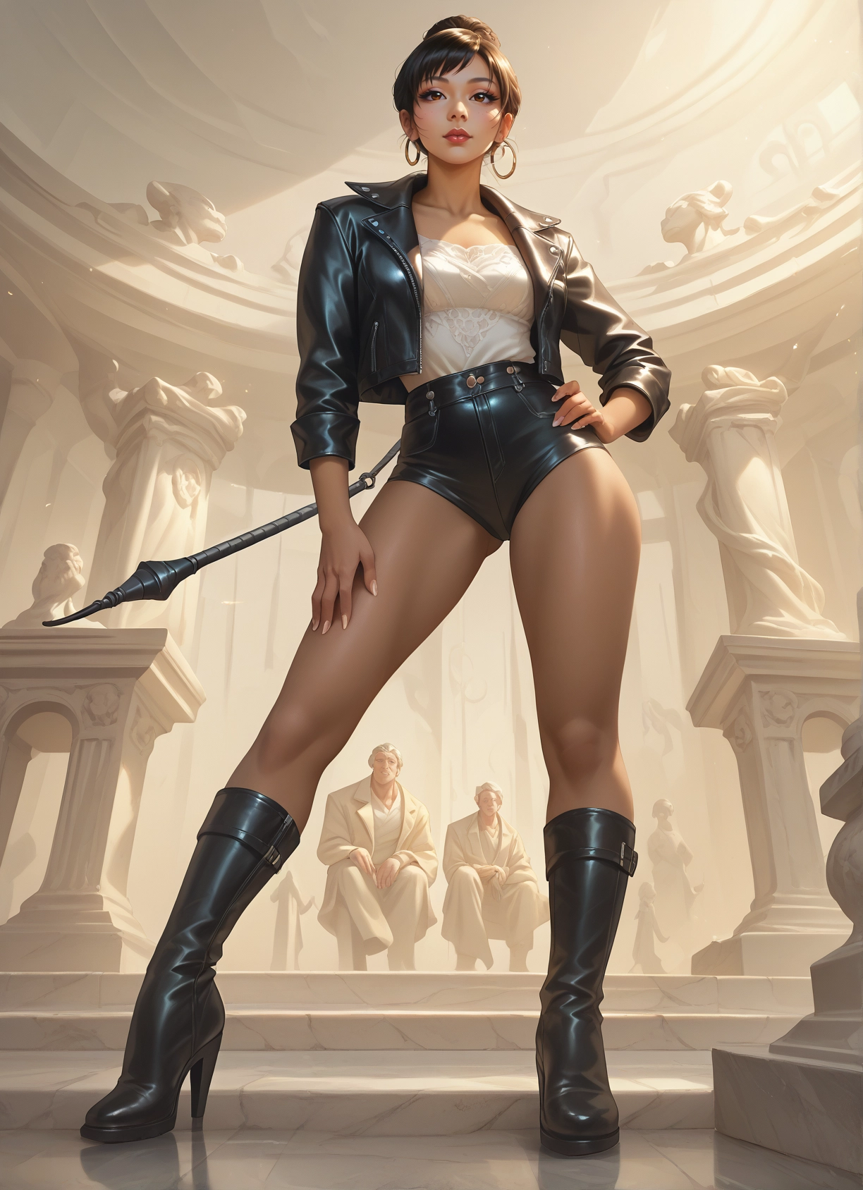 jewelry, boots, earrings, 1girl, shorts, jacket · Yamete.gg