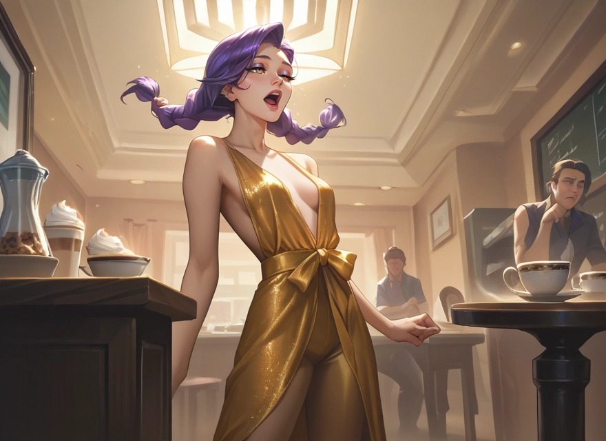 1girl, breasts, braid, purple hair, dress, twin braids · Yamete.gg