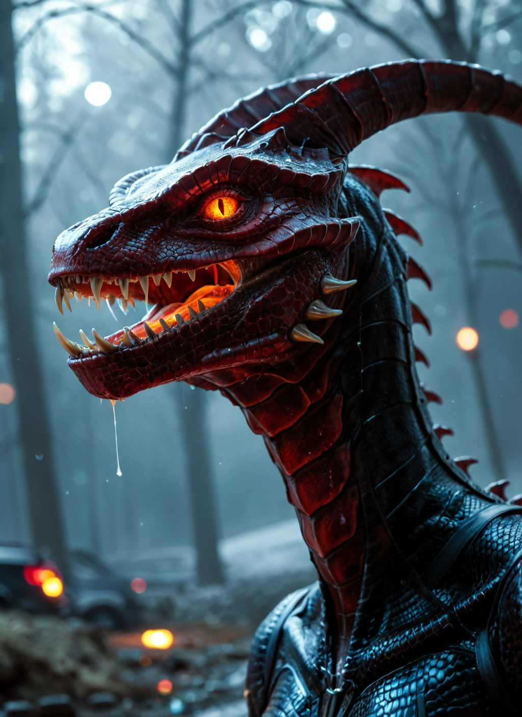 no humans, open mouth, tree, blurry, dragon, sharp teeth · Yamete.gg