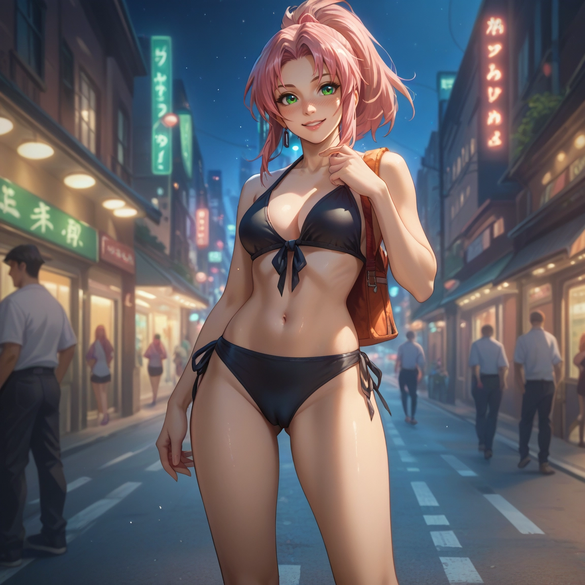 swimsuit, bikini, green eyes, breasts, pink hair, navel · Yamete.gg