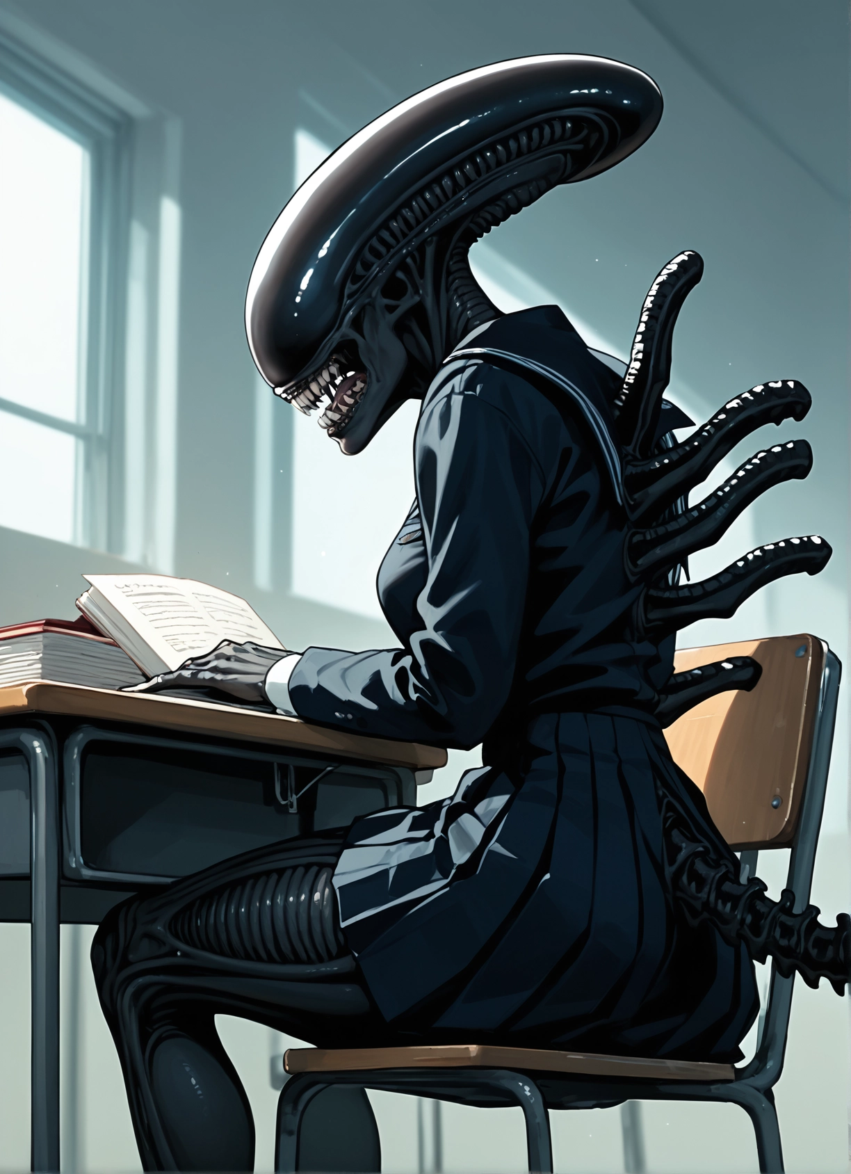 1girl, school uniform, skirt, desk, sitting, book · Yamete.gg