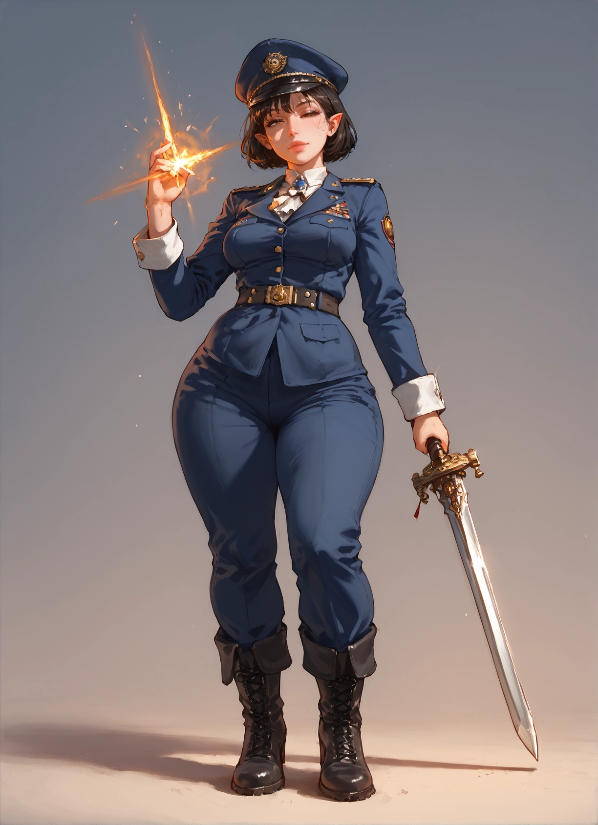 1girl, weapon, sword, pointy ears, solo, uniform · Yamete.gg