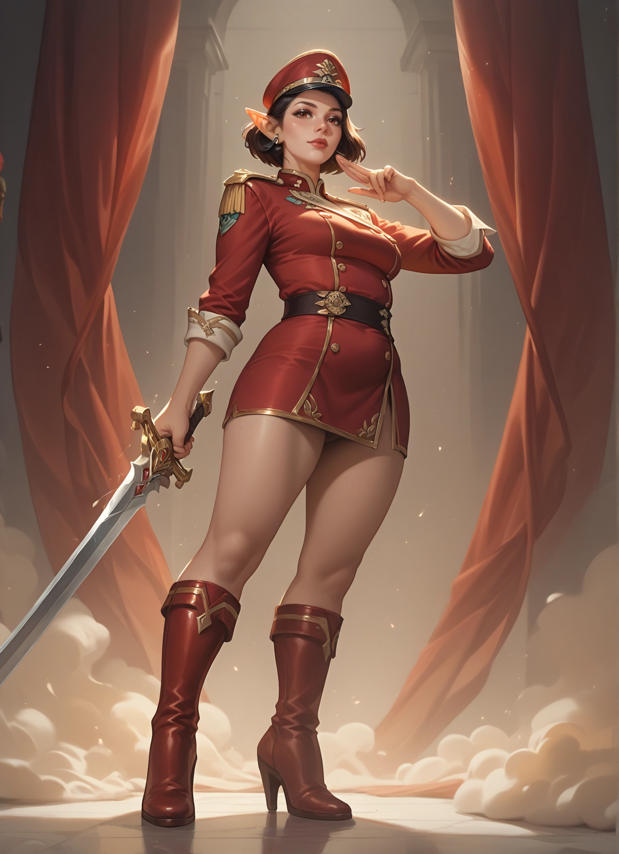 1girl, weapon, sword, boots, pointy ears, hat · Yamete.gg