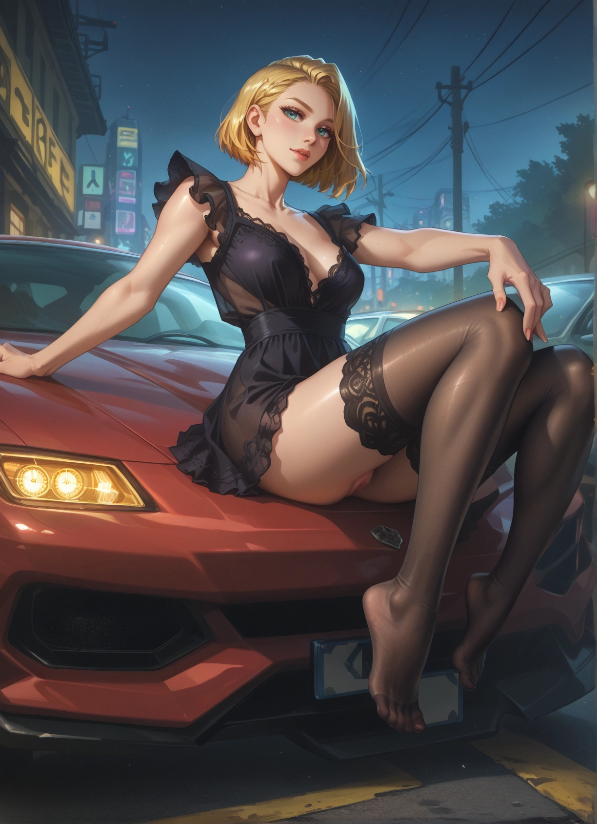 1girl, blonde hair, thighhighs, breasts, ground vehicle, motor vehicle · Yamete.gg