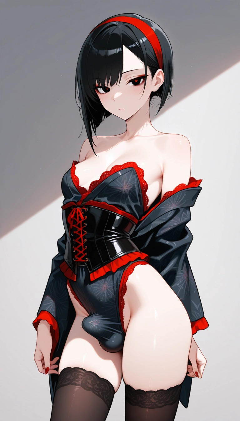 bulge, solo, thighhighs, black hair, red nails, black thighhighs · Yamete.gg