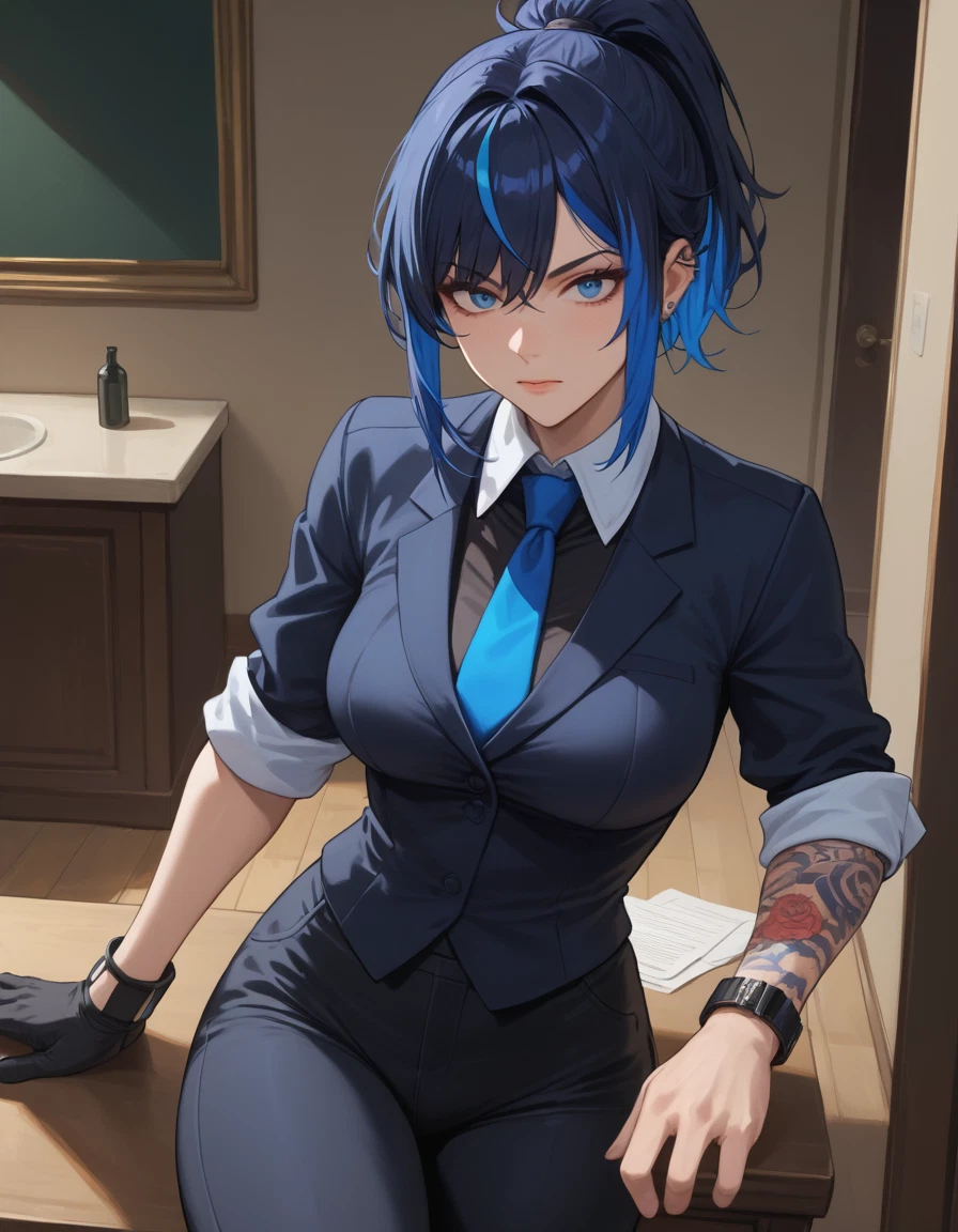 1girl, solo, blue eyes, blue hair, necktie, gloves · Yamete.gg