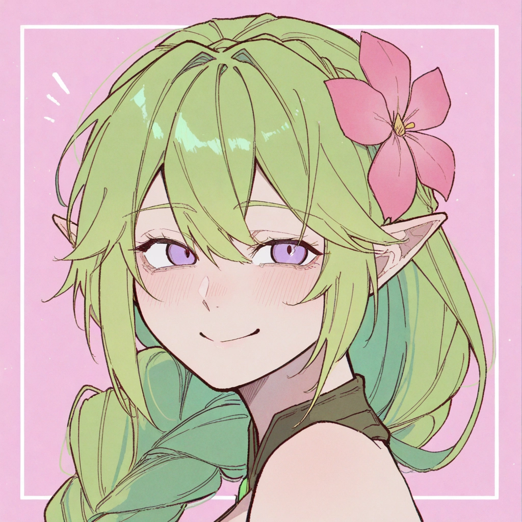 1girl, pointy ears, flower, solo, hair ornament, green hair · Yamete.gg