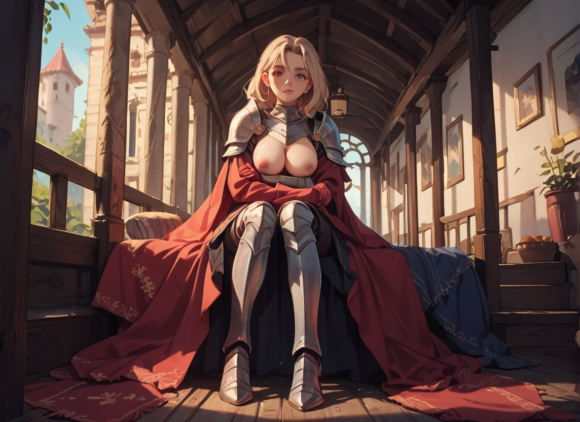 1girl, breasts, nipples, armor, solo, sitting · Yamete.gg