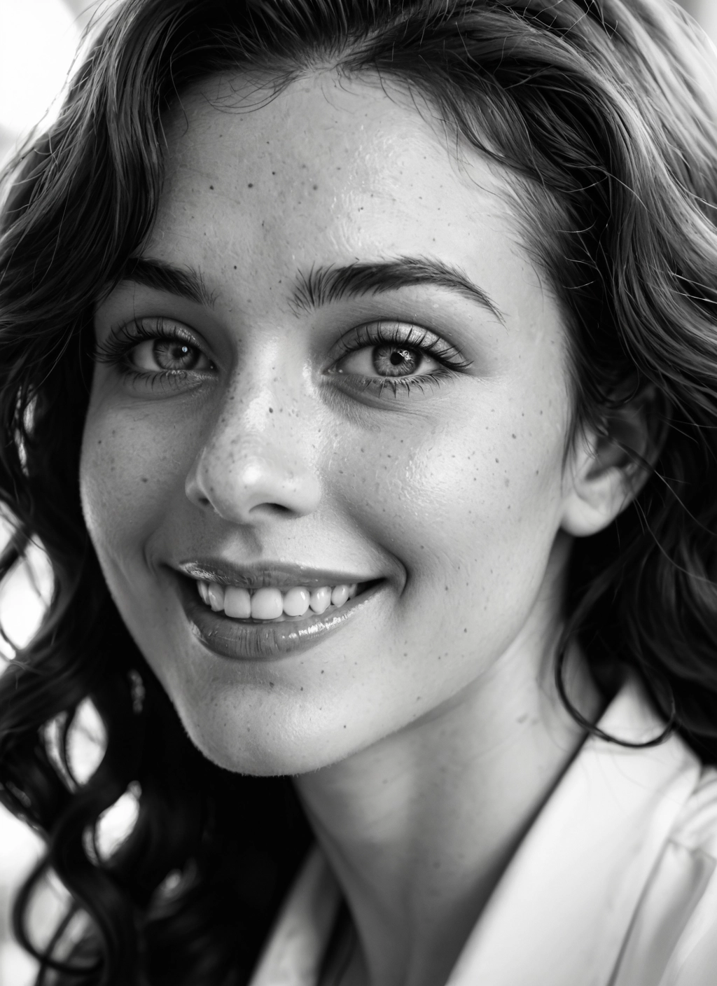 monochrome, greyscale, 1girl, solo, freckles, smile · Yamete.gg