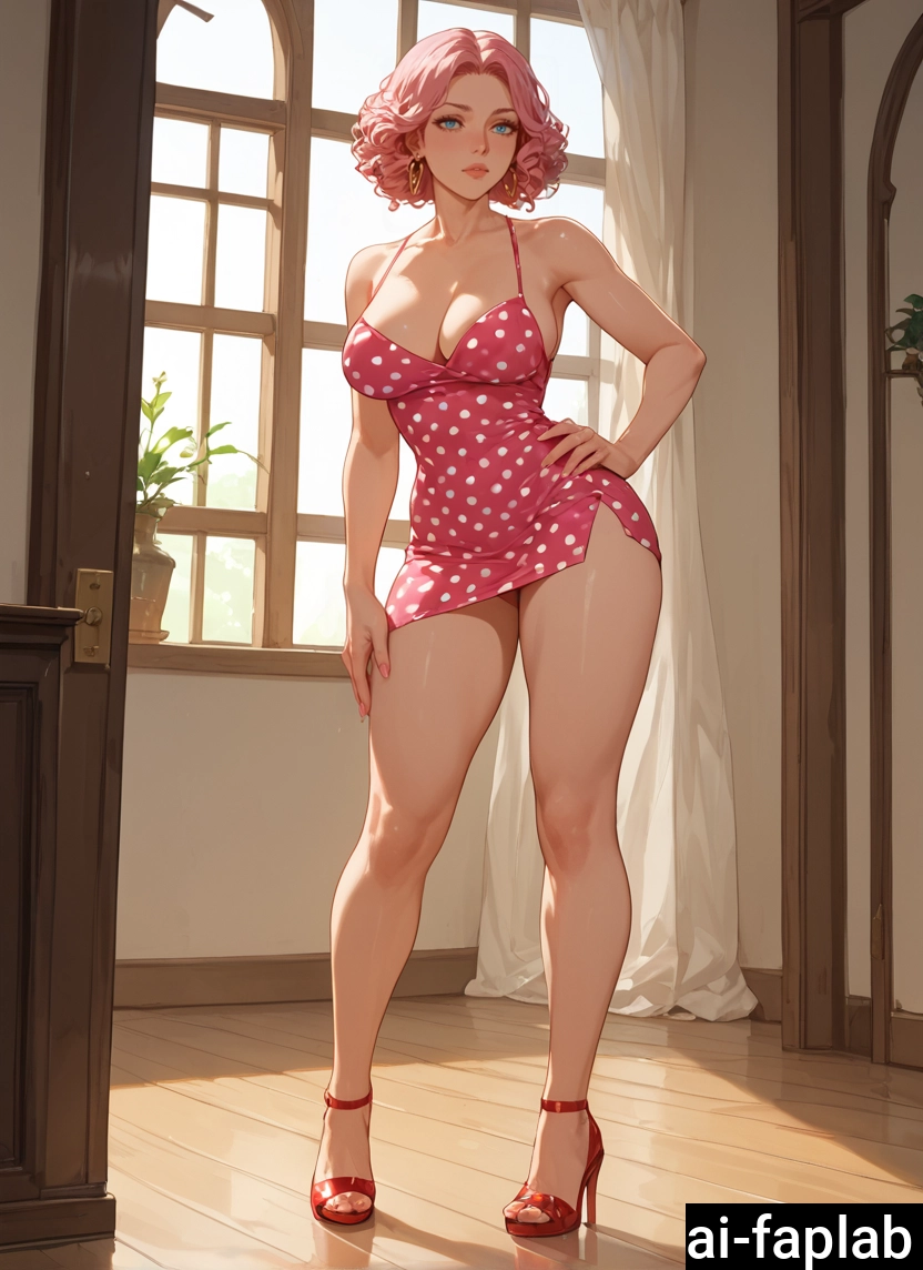 1girl, breasts, solo, hand on hip, dress, pink hair