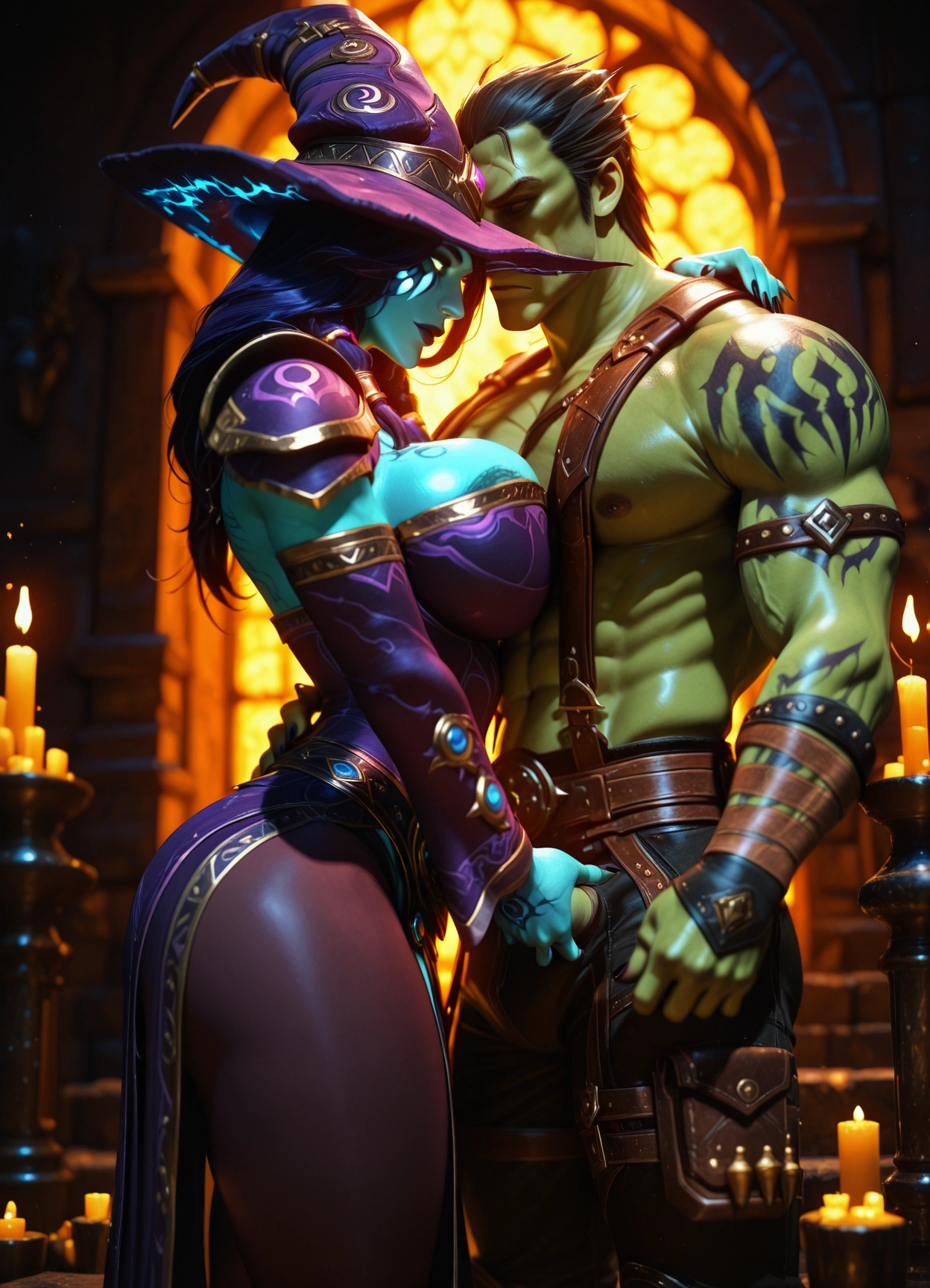 1girl, 1boy, breasts, witch hat, hat, muscular · Yamete.gg