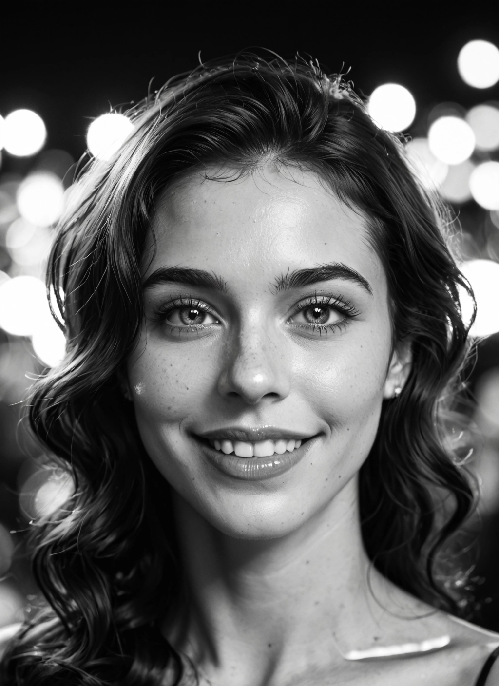 monochrome, 1girl, greyscale, solo, smile, freckles · Yamete.gg