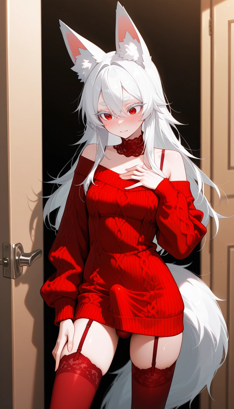 futanari, bulge, garter straps, red eyes, animal ears, erection under clothes