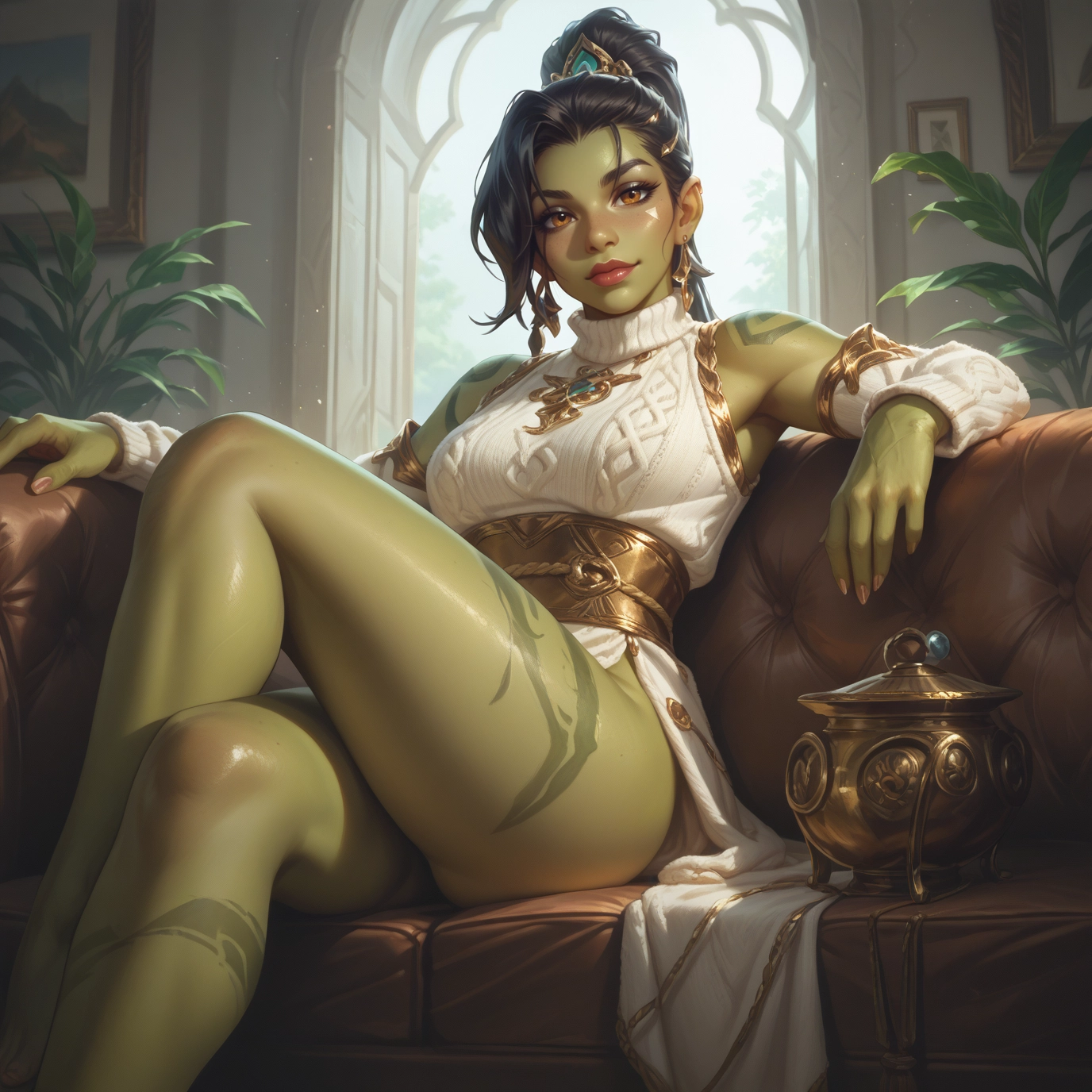 1girl, solo, colored skin, sitting, green skin, jewelry · Yamete.gg
