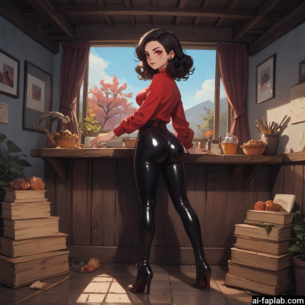 1girl, ass, high heels, red eyes, solo, black hair · Yamete.gg
