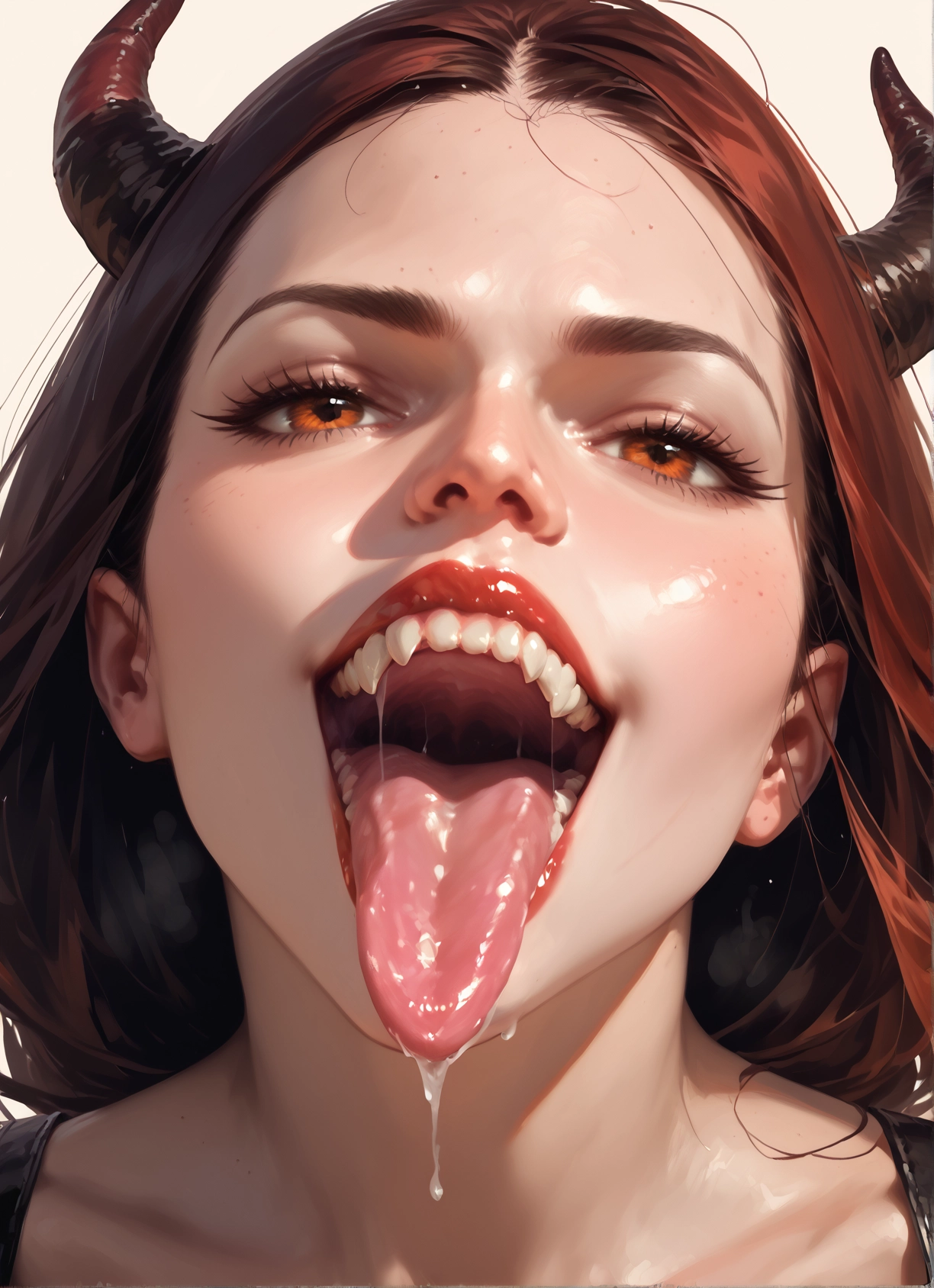 1girl, solo, horns, tongue, open mouth, tongue out · Yamete.gg