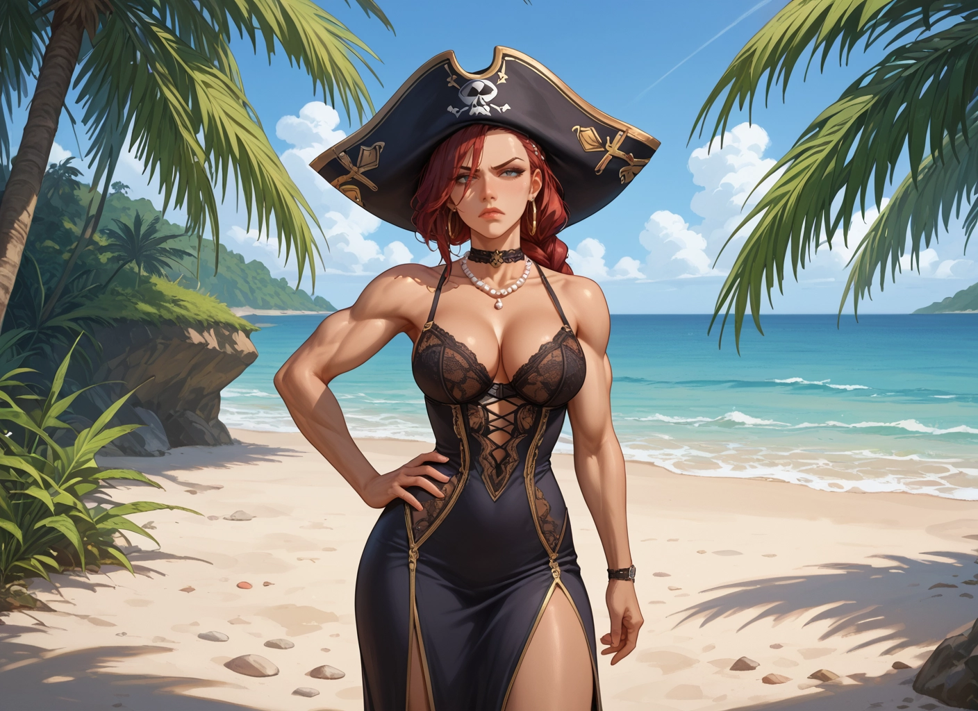 1girl, breasts, hat, beach, jewelry, pirate hat · Yamete.gg