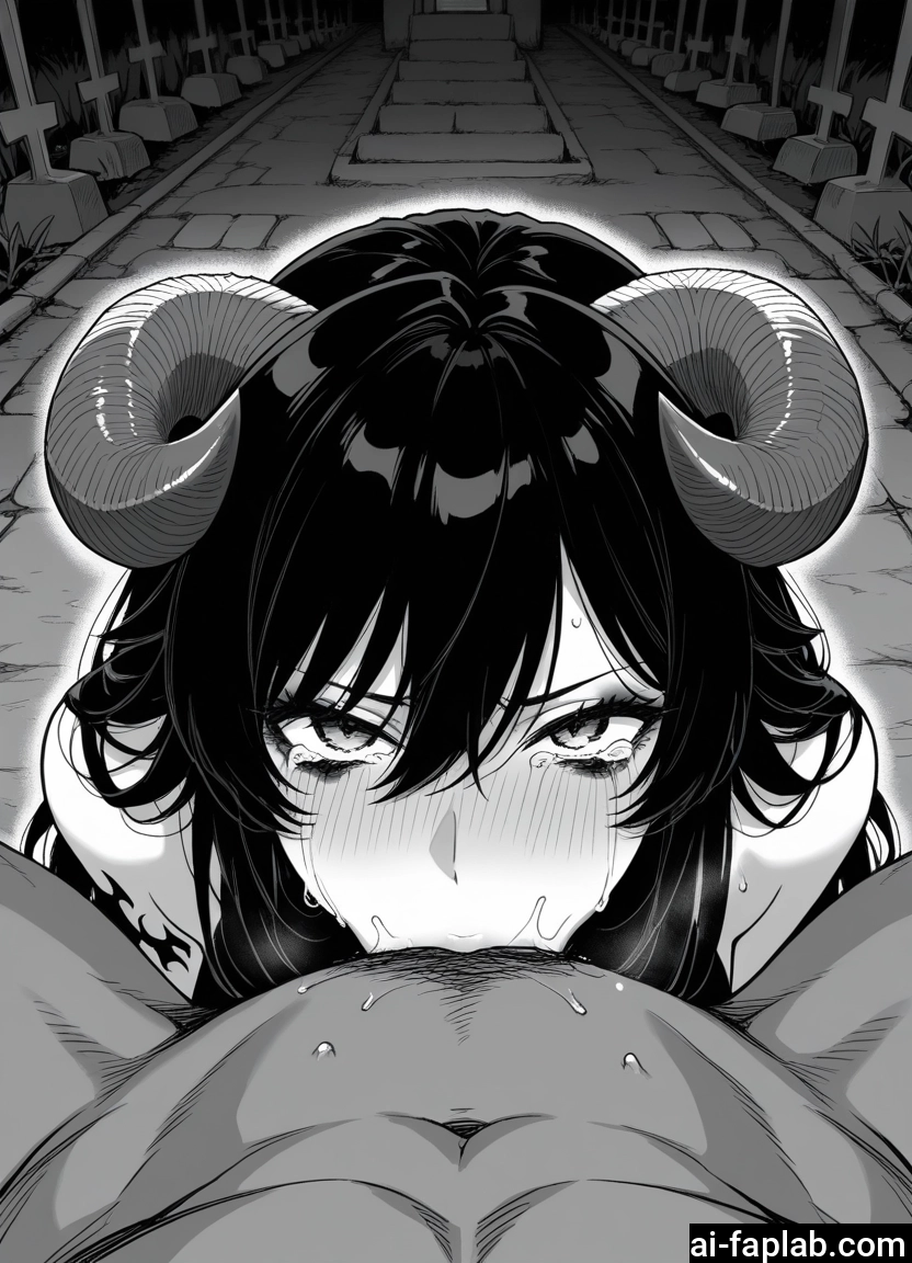 monochrome, greyscale, horns, 1girl, oral, 1boy · Yamete.gg