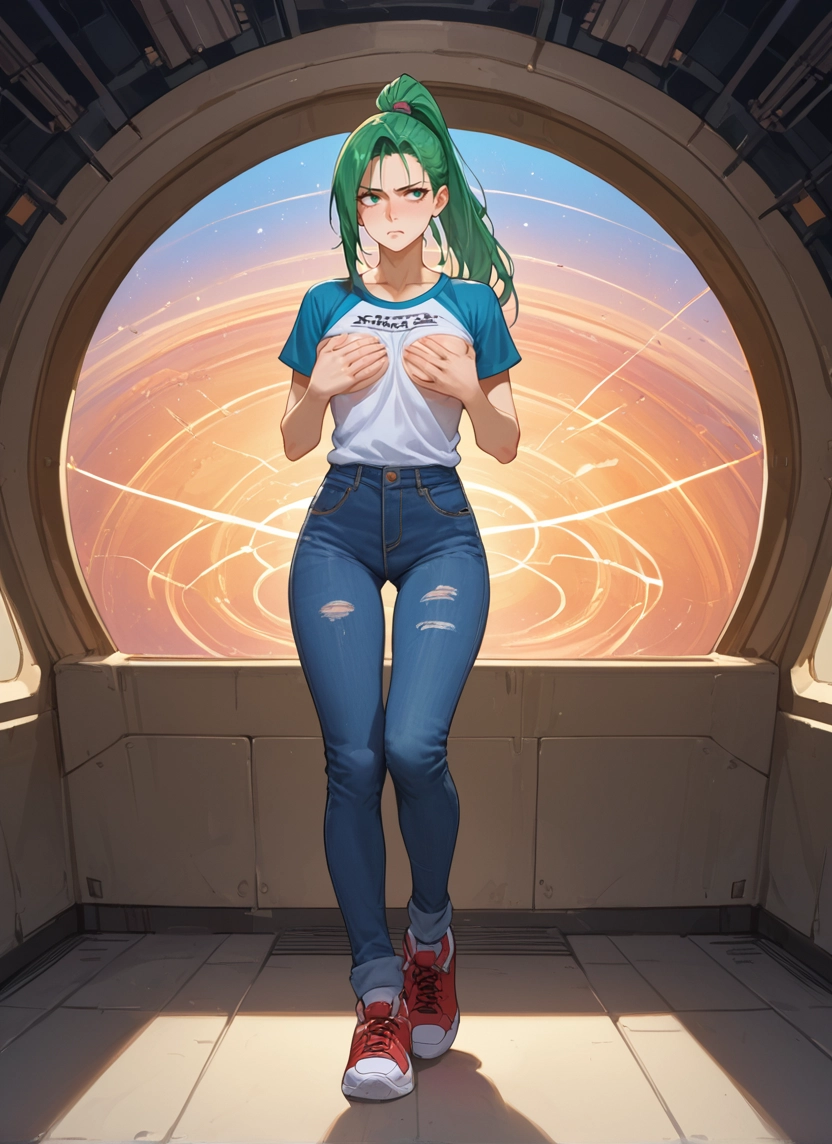1girl, pants, solo, green hair, denim, shoes · Yamete.gg