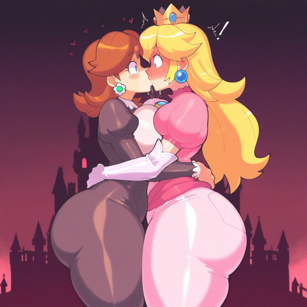 multiple girls, 2girls, kiss, princess peach, princess daisy, yuri · Yamete.gg