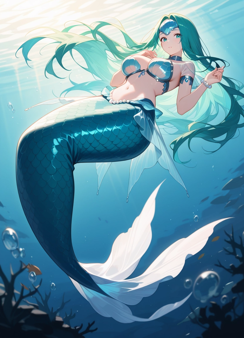 long hair, 1girl, mermaid, breasts, underwater, solo