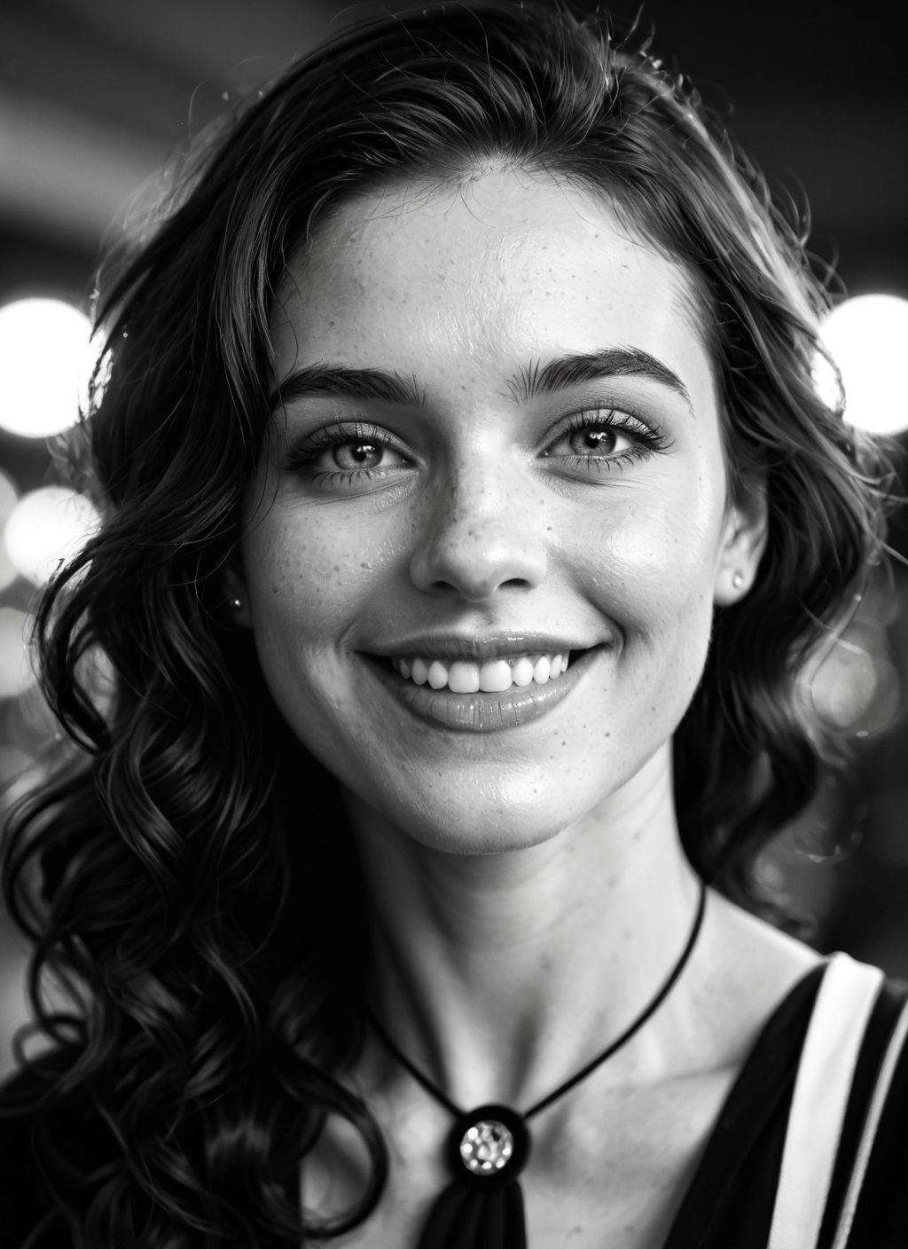 monochrome, greyscale, 1girl, solo, smile, jewelry · Yamete.gg