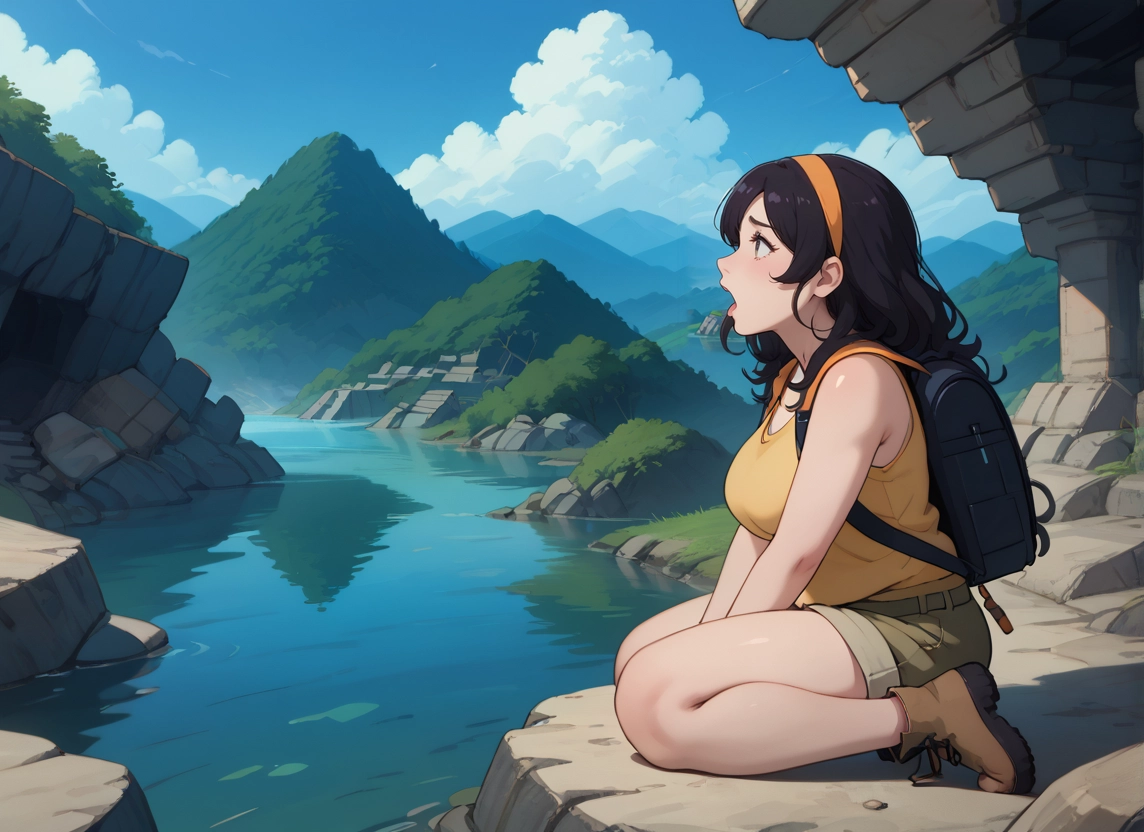 1girl, backpack, solo, breasts, shorts, bag