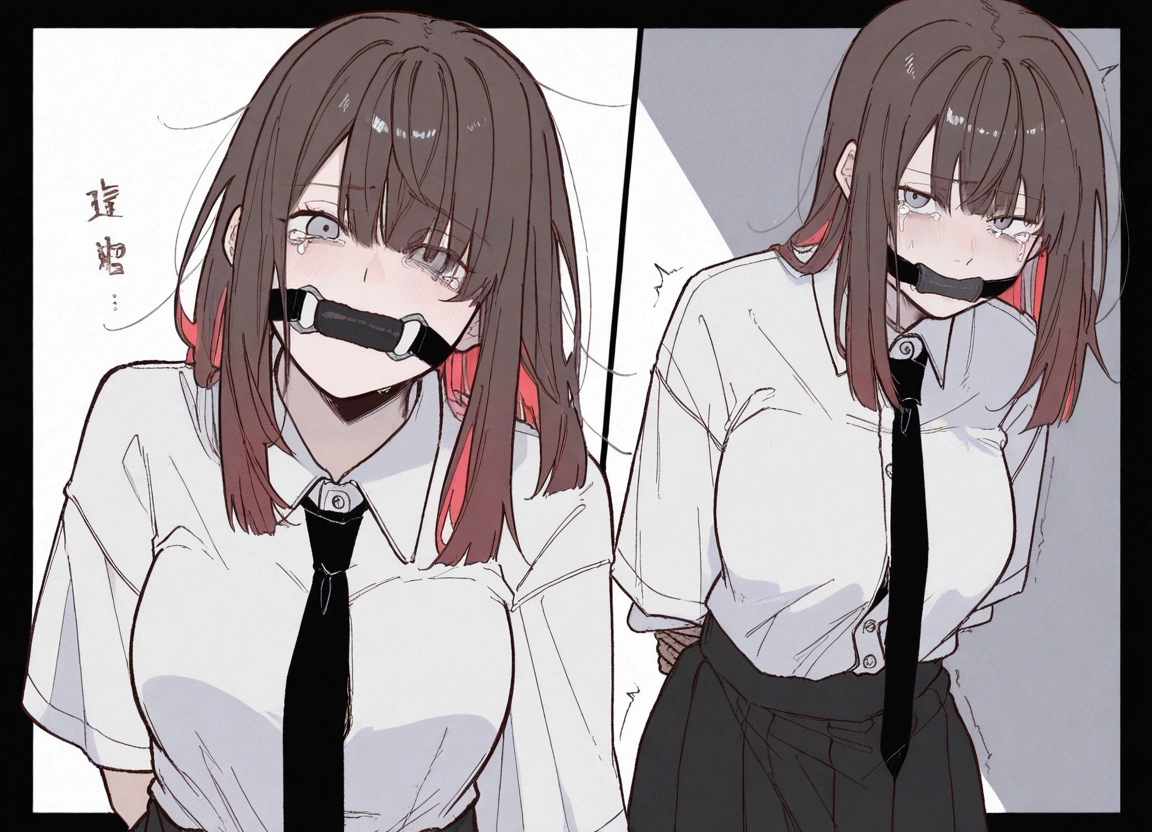 1girl, gag, necktie, gagged, shirt, black necktie