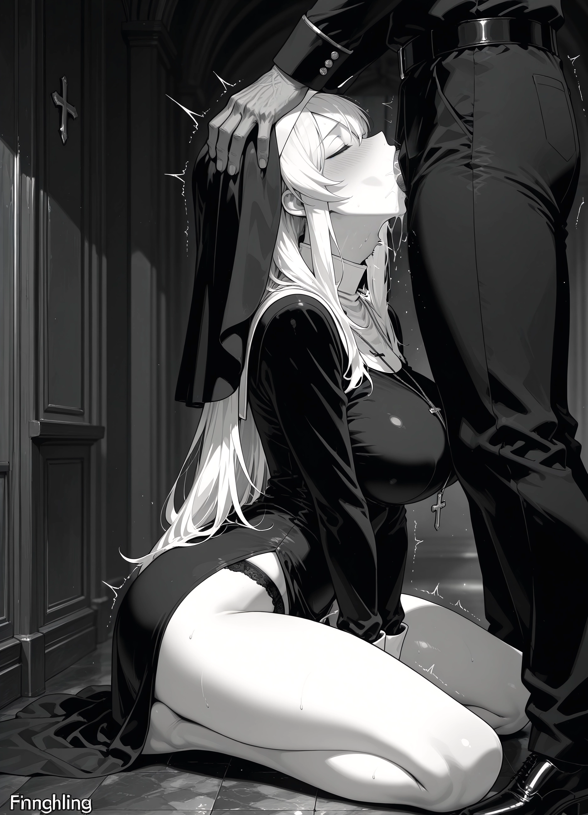 1girl, monochrome, greyscale, breasts, 1boy, hetero · Yamete.gg