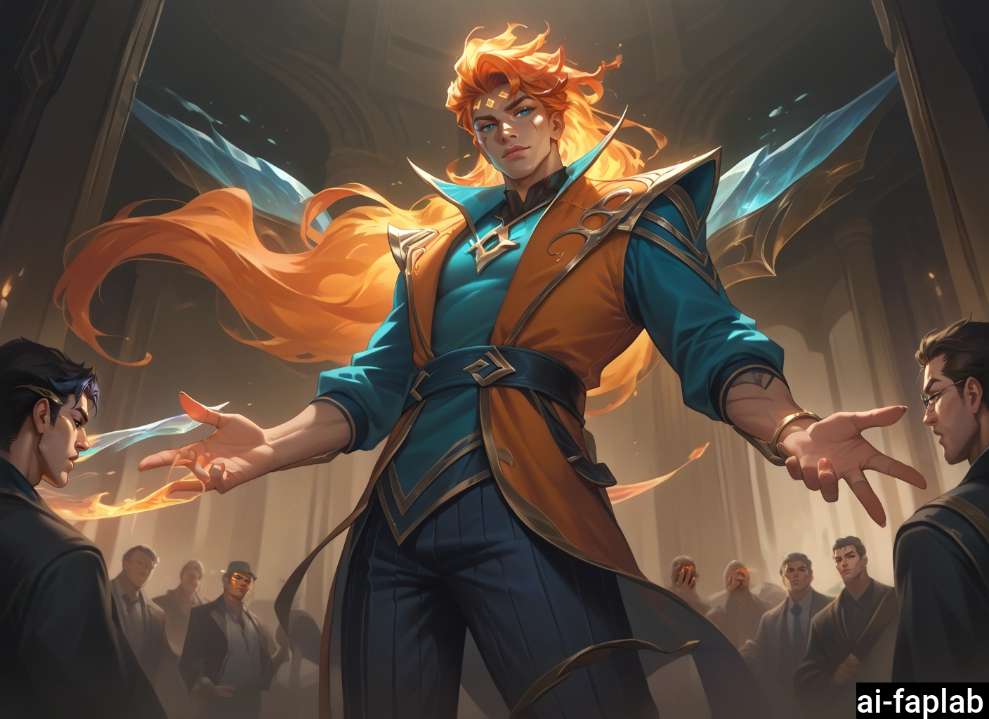 multiple boys, pants, long hair, male focus, fire, closed mouth · Yamete.gg