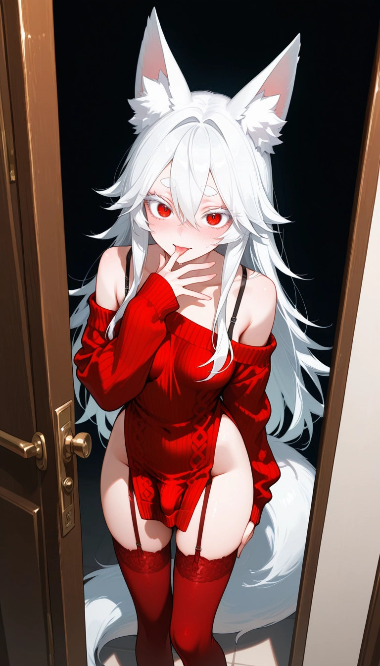 1girl, red eyes, animal ears, solo, thighhighs, long hair