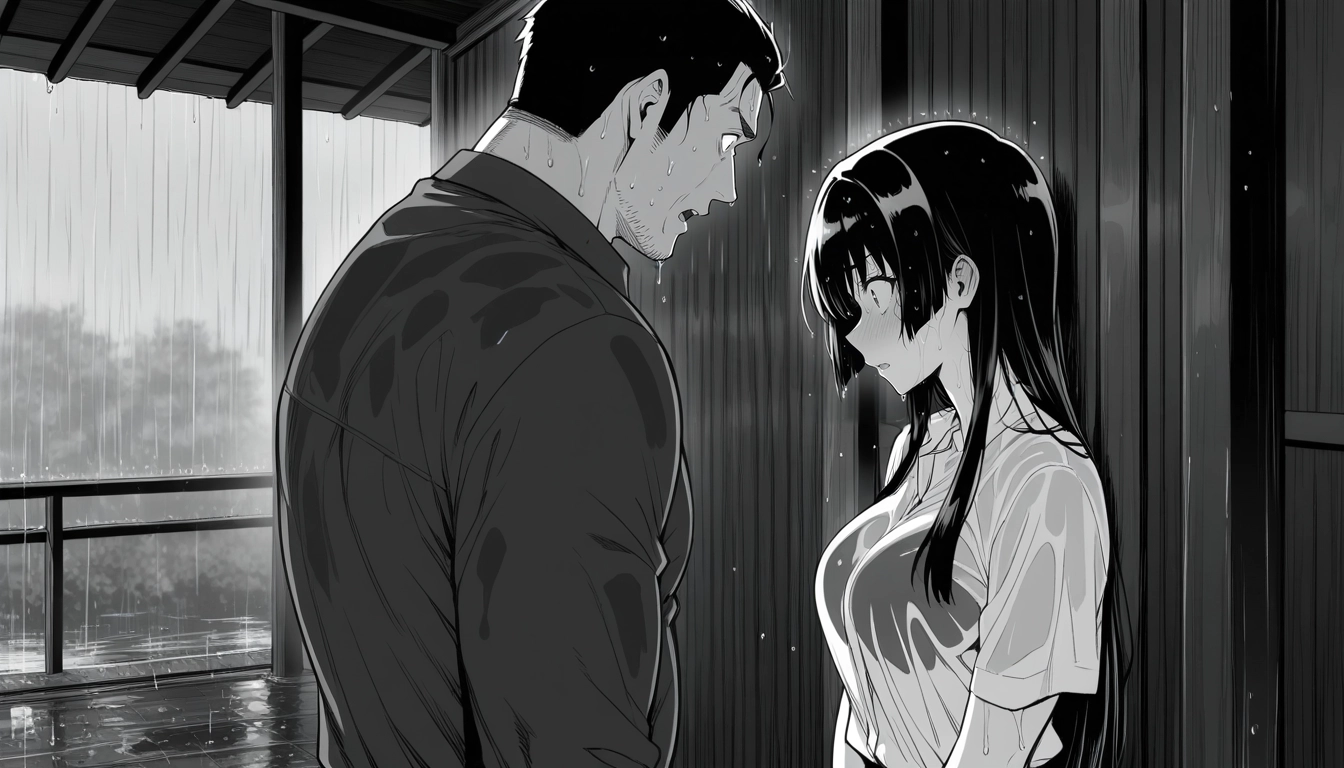 1girl, wet, 1boy, wet clothes, rain, monochrome · Yamete.gg