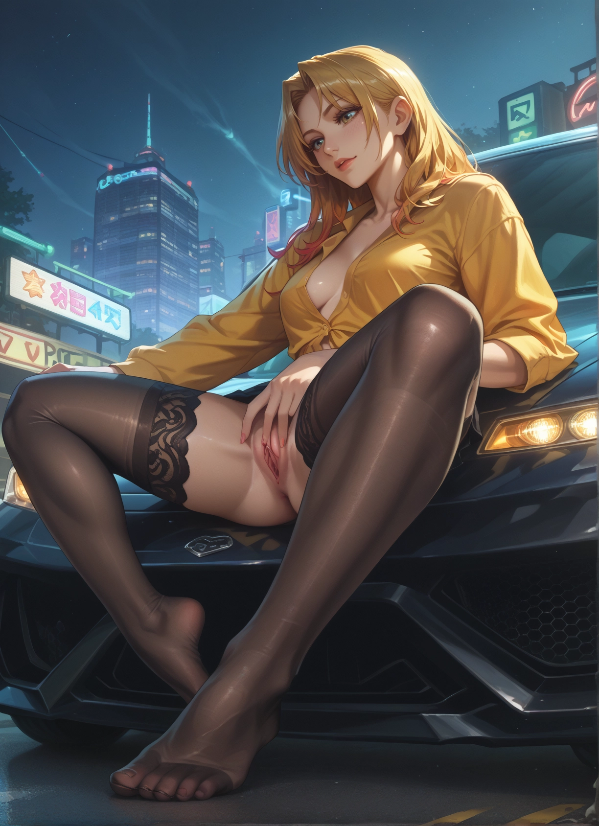 1girl, pussy, blonde hair, thighhighs, breasts, ground vehicle · Yamete.gg
