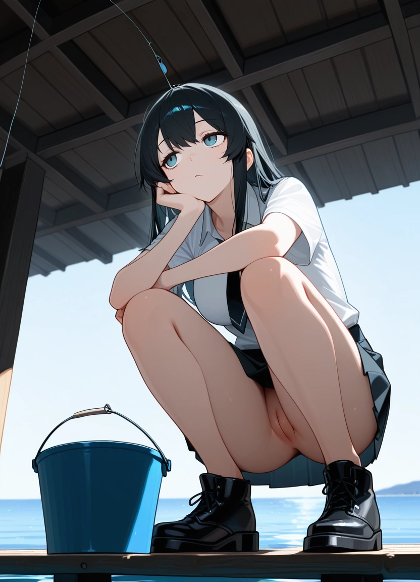 1girl, pussy, solo, blue eyes, skirt, black hair · Yamete.gg